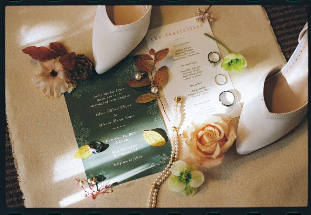 New England wedding invitation suite photographed on 35mm film