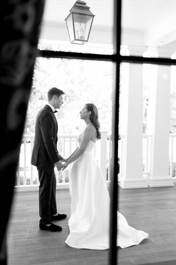 bride and groom during first look in Manchester, Vermont