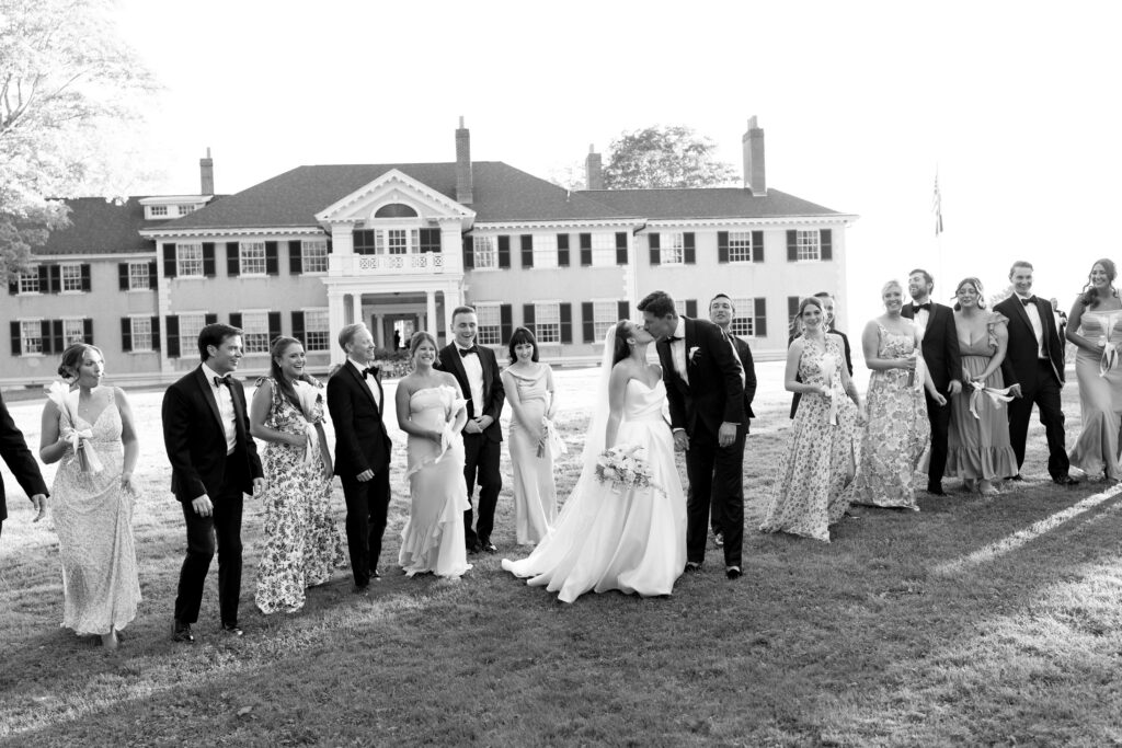 bridal party in front of Hildene Mansion in Vermont