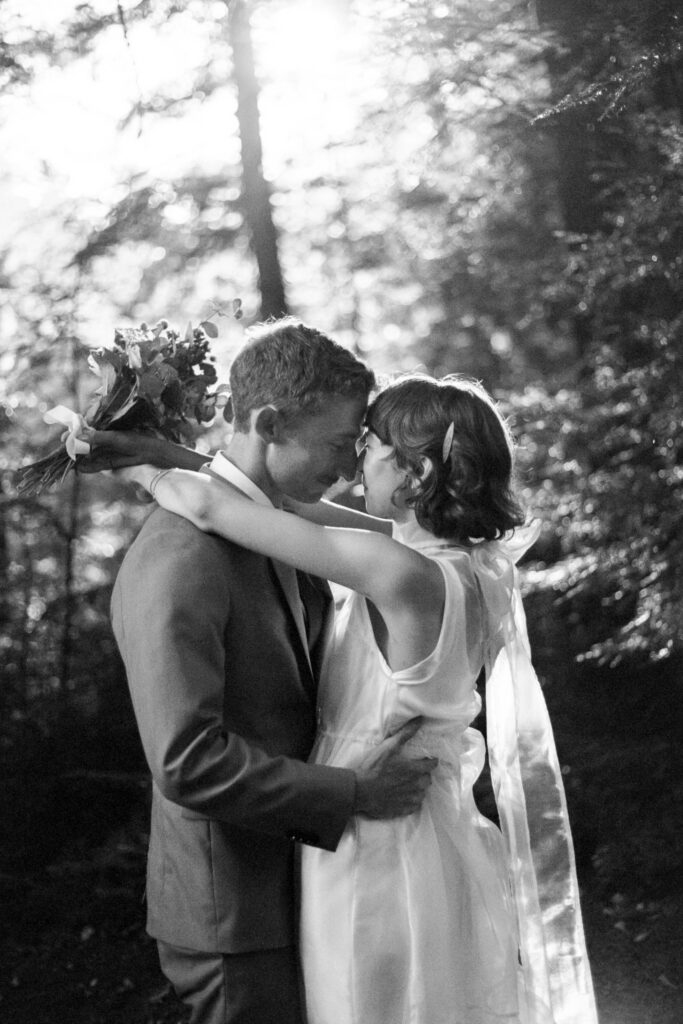 bride and groom black and white image on film during their wedding day in vermont